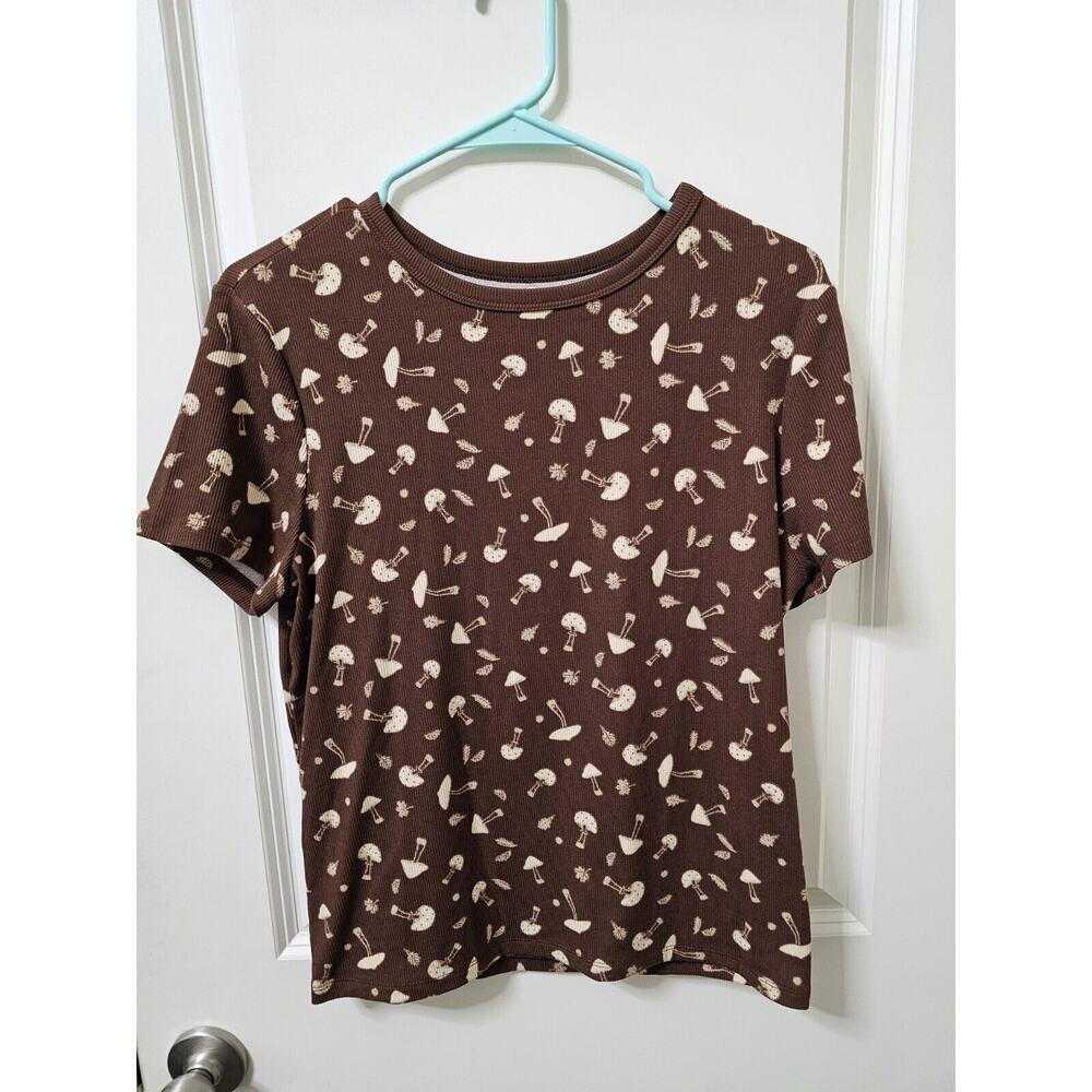 No Boundaries T Shirt Women’s Junior’s XLarge Brown Mushrooms Short Sleeve Tee